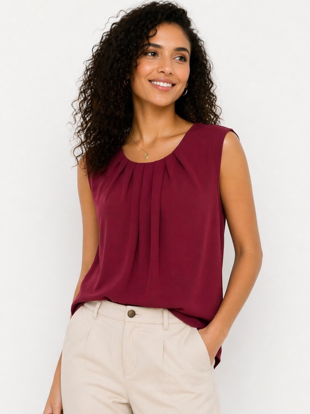 Kasper Sleeveless Pleated Shell Top in Burgundy